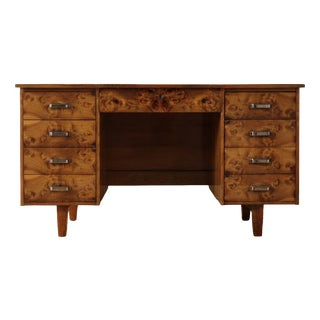 Mid-Century Modern Writing Desk in Burl Veneer with Eight Drawers For Sale