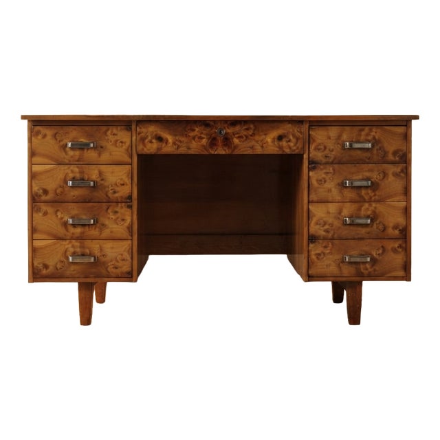 Mid-Century Modern Writing Desk in Burl Veneer with Eight Drawers For Sale