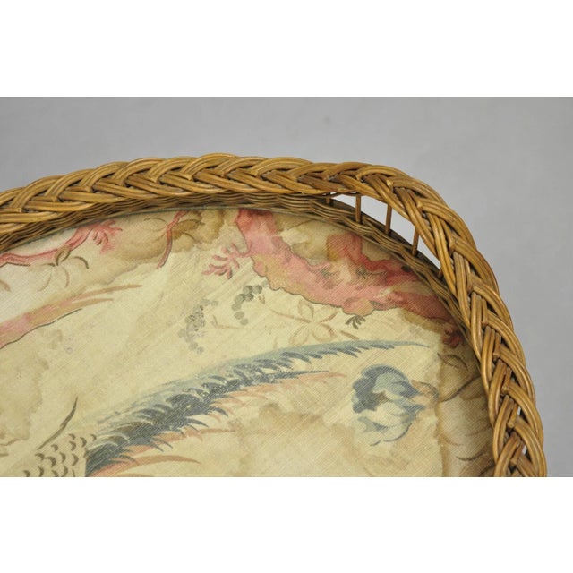 Antique French Victorian Wicker Pheasant Bird Tapestry Oval Bar Serving Tray For Sale - Image 12 of 12