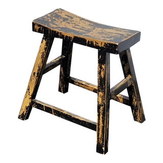 Vintage French Country Farmhouse Chic Metalic Gold & Black Crackle Bench Stool For Sale