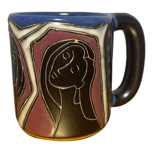 Vintage Mara Oversized Pottery Mug Blue Mexican With 3 Female Faces Coffee Cup Signed Mexico