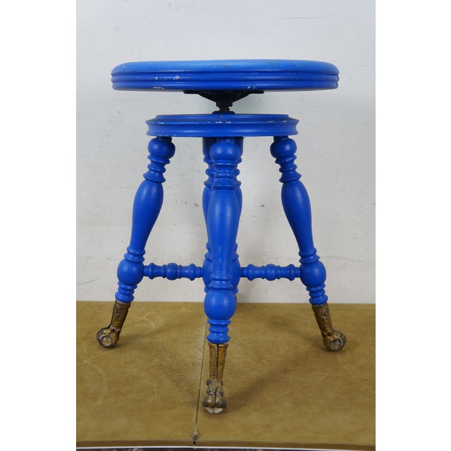Antique Victorian H Holtzman & Sons Blue Piano Stool Glass Ball & Claw 19" For Sale - Image 6 of 18