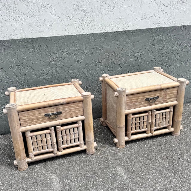 Distinctive boho chic nightstands crafted in thick, sculptural bamboo with woven wicker insets and rich natural texture....