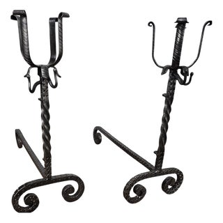 Antique Italian Wrought Iron Andirons, 1920s, Set of 2 For Sale