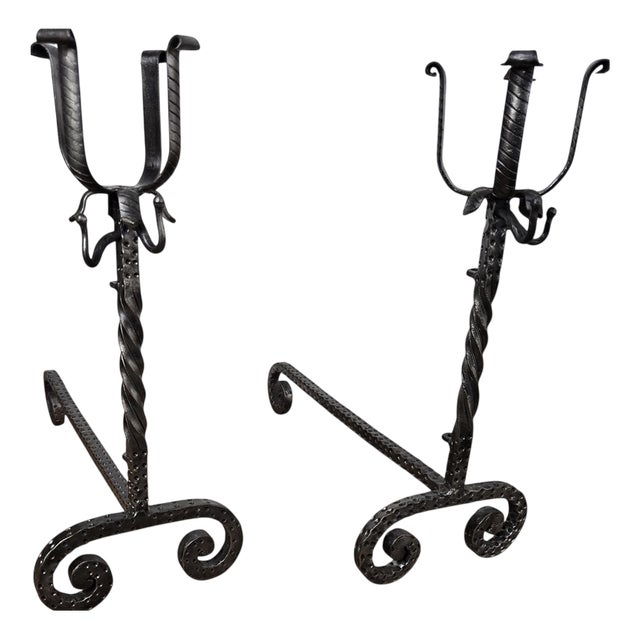 Antique Italian Wrought Iron Andirons, 1920s, Set of 2 For Sale