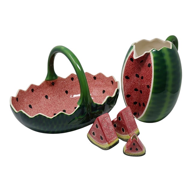 Vintage Strata Group “Ripe Watermelons” Sculptural Ceramic Pitcher & Basket Set, 5 Pieces For Sale