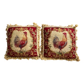 Vintage Rare Design Rooster French Country, Farmhouse Needlepoint Pillow, Tassel Trim, Hidden Zipper Velvet Back - A Pair For Sale