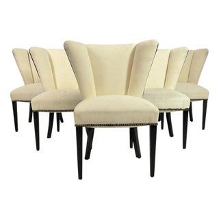Set of 6 Mid-Century Tuxedo Dining Chairs, Ebonized Wood, Brass Nailheads For Sale