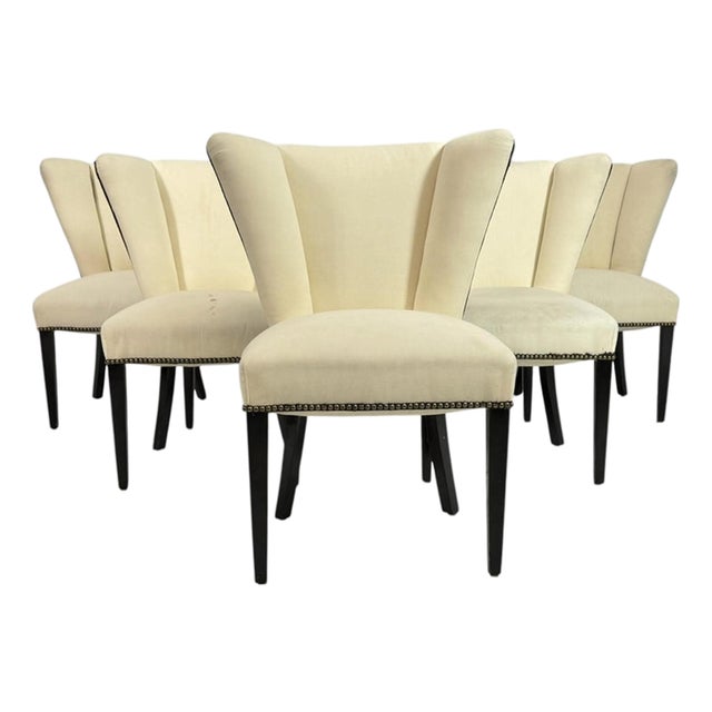 Set of 6 Mid-Century Tuxedo Dining Chairs, Ebonized Wood, Brass Nailheads For Sale