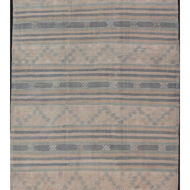 Traditional Vintage Turkish Flat-Weave Kilim With Embroideries in Blue, Brown, and Cream For Sale - Image 3 of 16