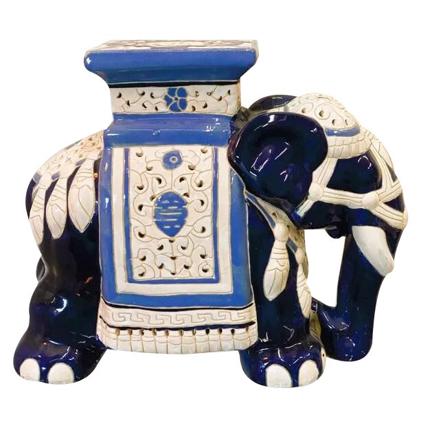 Chinoiserie Ceramic Lucky Elephant Plant Stand in Blue and Cream, 1970s For Sale