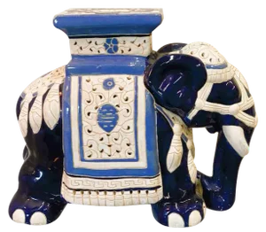 Chinoiserie Ceramic Lucky Elephant Plant Stand in Blue and Cream, 1970s