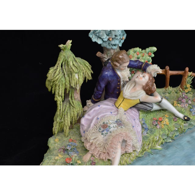 1970s Sitzendorf Porcelain Group Two Young Lovers in Garden Floral Lined Pool and Attending Lambs, Sitzendorf Crown Mark For Sale - Image 9 of 13