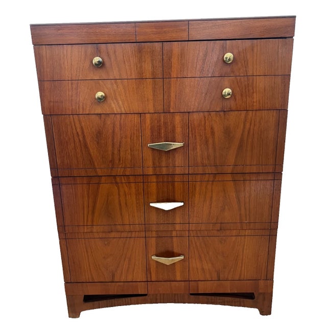 Art Deco Gorgeous Mid Century Art Deco Revival Dresser Chest Four Drawers Brass Pulls For Sale - Image 3 of 13