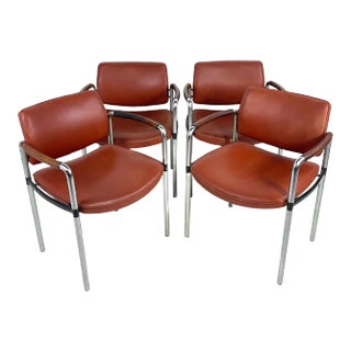 Set of 4 Mid 20th Century French Art Deco Modernist Machine Age Leather and Steel Armchairs For Sale
