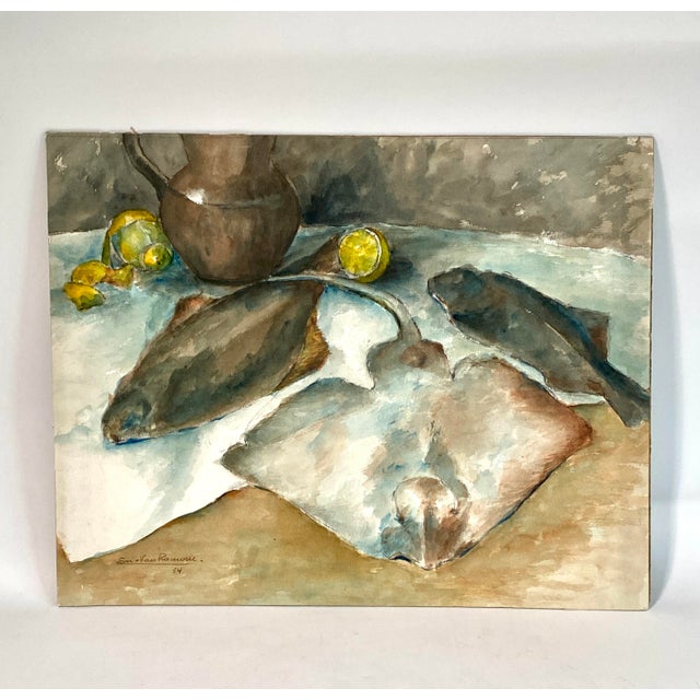 Fabulous 1954 French watercolor depicting assorted fish and lemons in a soft color palette on board. This was acquired...