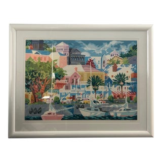 Vintage Ken Hawk Coastal Lithograph in White Frame For Sale