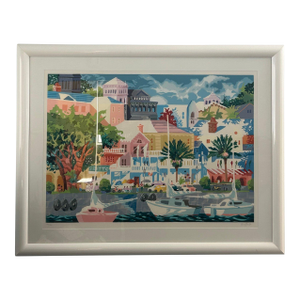 Vintage Ken Hawk Coastal Lithograph in White Frame