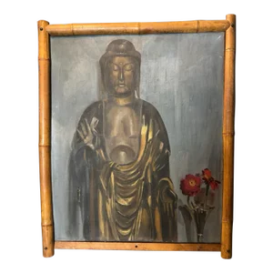 Antique Still Life Oil Painting on Canvas of Buddha & Vase of Flowers Faux Bamboo Frame 1920's
