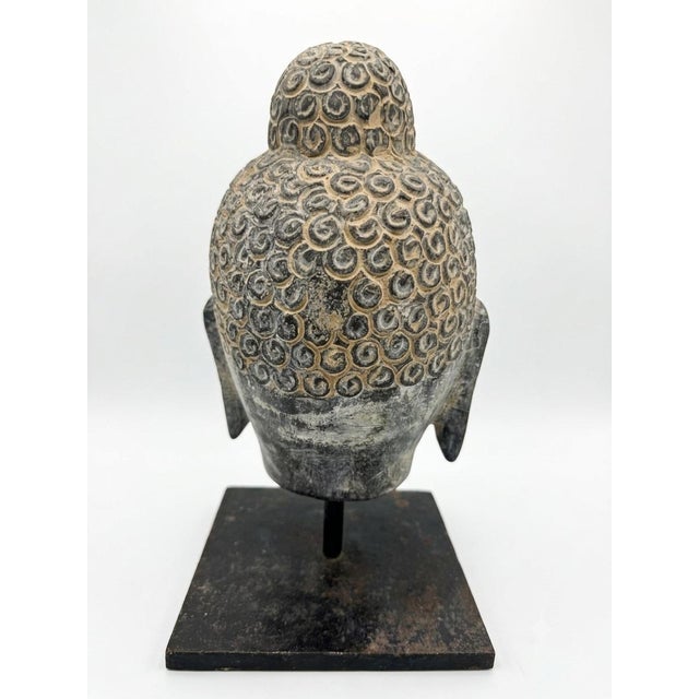 Vintage Asian Modern Carved Rock Buddha Head Sculpture on Industrial Iron Stand For Sale - Image 4 of 5