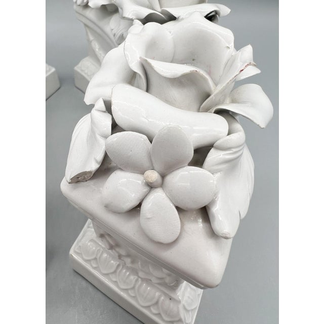 Ceramic Italian White Glazed Ceramic Floral Double Candle Holders — Hollywood Regency / Neoclassical For Sale - Image 7 of 15