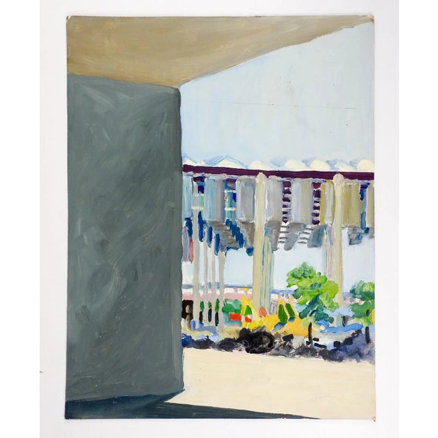 Circa late 20th century oil on artist board abstract view of city street by Marilyn Lanfear (1930-2020) Texas. Unsigned....