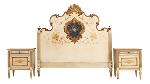 Vintage Hand-Painted Floral Headboard with Matching Nightstands, 1960s, Set of 3