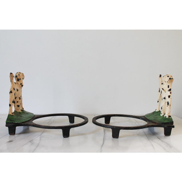 Pair of Vintage Cast Iron Dalmatian Dog Food & Water Bowl Holders For Sale - Image 4 of 13