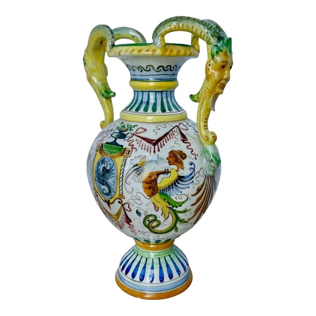 Italian Majolica Hand Painted Ceramic Pottery Face Handles Vase For Sale