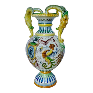 Italian Majolica Hand Painted Ceramic Pottery Face Handles Vase