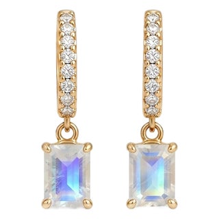 Rainbow Moonstone Huggie Earrings | Dainty Gemstone Dangles Hoop Earrings | June Birthstone Jewelry - A Pair For Sale