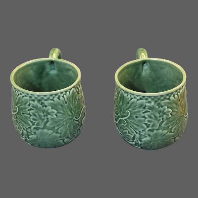 Contemporary Vintage Bordallo Pinheiro Portugal Green Vine Leaf Mugs Coffee Tea Cups - Pair For Sale - Image 3 of 7