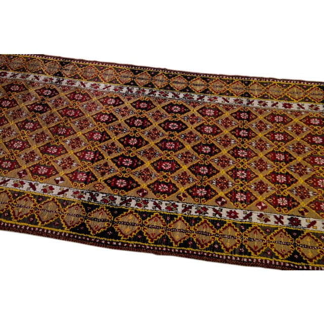 Antique Turkish Handmade Sienna Geometric Wool Runner For Sale - Image 4 of 9