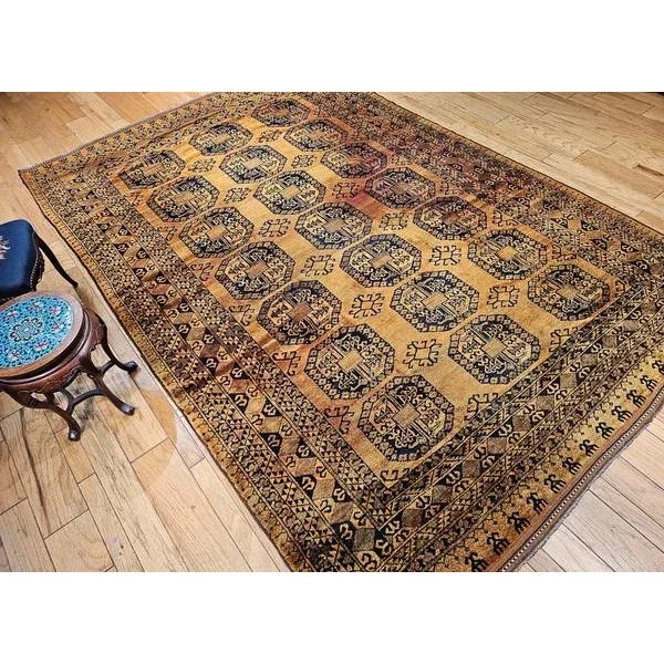 Vintage Afghan Ersari Rug, Hand-Knotted Wool, Allover Geometric Design, Camelhair & Navy, 9’ X 13’ For Sale - Image 4 of 12