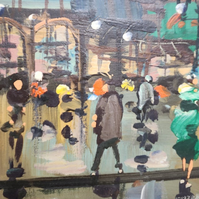 Striking signed vintage oil painting capturing a bustling Parisian street scene in the rain. Impressionist brushwork,...