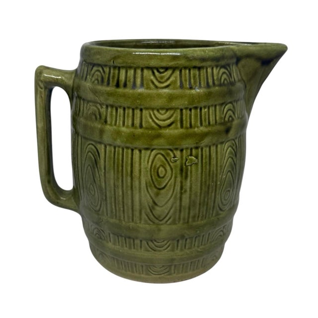 Mid 20th Century Retro Green Yellow Ware Pottery Stoneware Barrel 8” Pitcher For Sale - Image 4 of 12