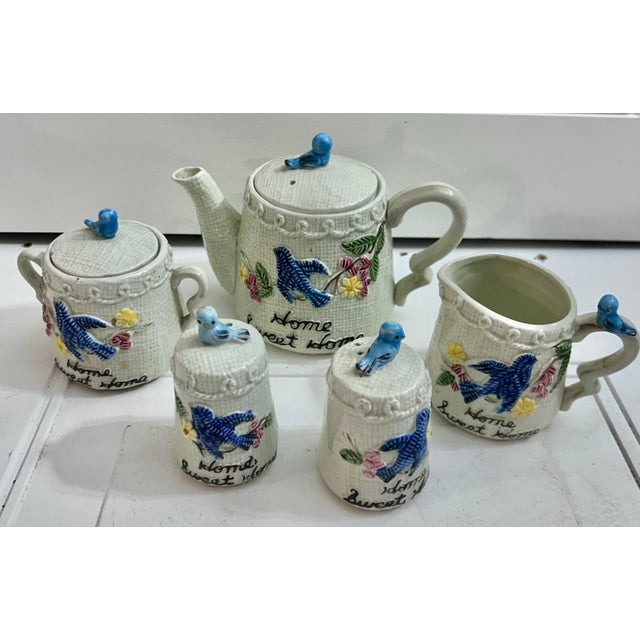 Mid-Century Modern Vintage Enesco "Bluebird" Ceramic Tea Set Featuring a "Home Sweet Home" For Sale - Image 3 of 10