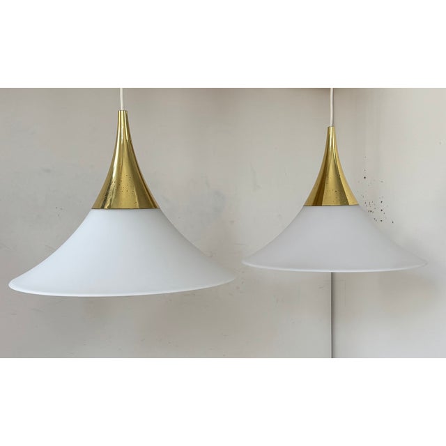 Brass and Opaline Glass Pendant Lights from Limburg, Germany, 1970s, Set of 2 For Sale - Image 3 of 11