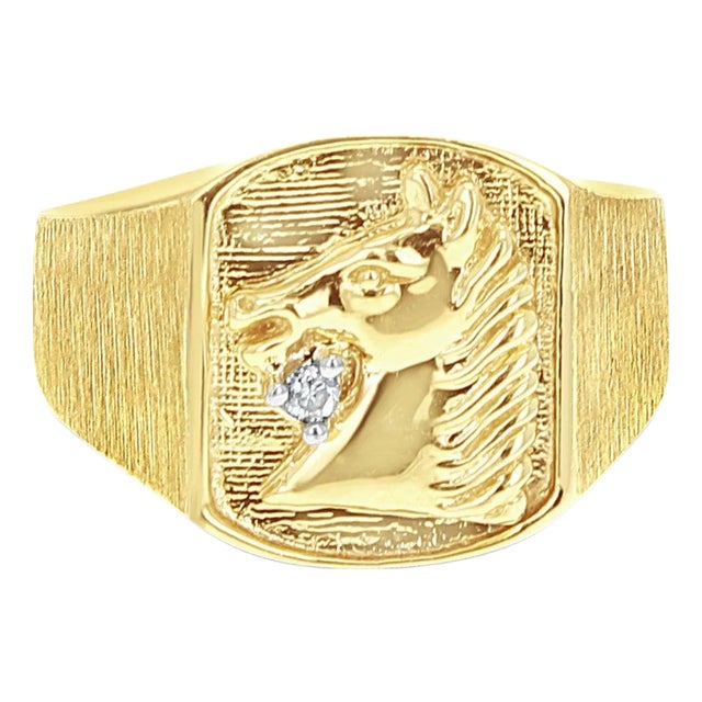 Horse Head with Diamond Signet Ring 10k Yellow Gold, Size 6 For Sale