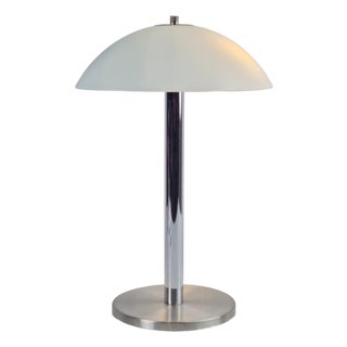 Mid-Century Mushroom Table Lamp in Sandblasted Glass, Stainless Steel & Chrome, 1960s For Sale