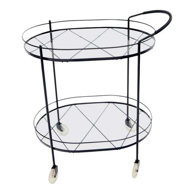 Oval Mid-Century Modern Black Lacquer Serving Bar Tea Cart For Sale