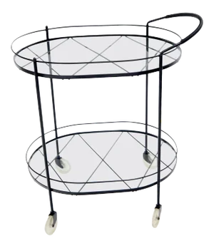 Oval Mid-Century Modern Black Lacquer Serving Bar Tea Cart