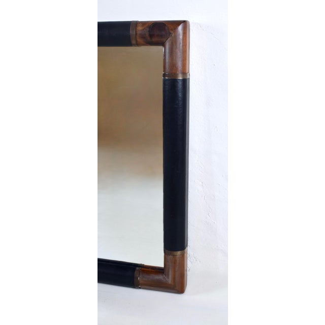 Mid Century Wall Mirror by Pierre Lottier With Leather Wrapped Frame For Sale In Philadelphia - Image 6 of 10