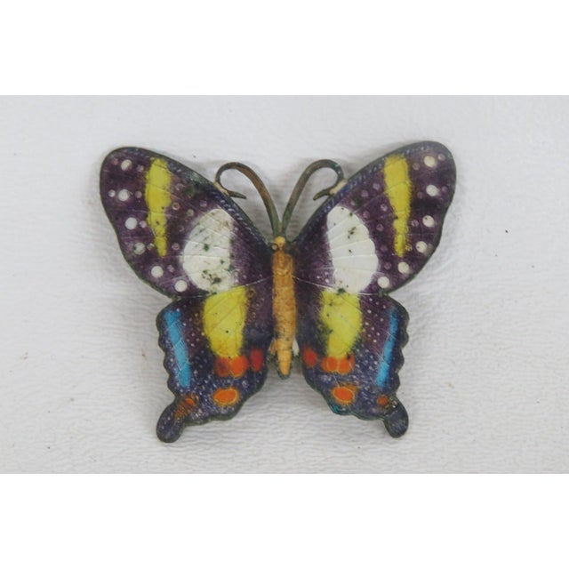 Purple Cloisonne Style Metal Butterfly Brooch Pin Purple Yellow Blue Enamel 5197b For Sale - Image 8 of 8