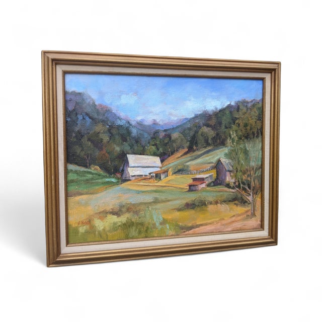 Wood Mid Century Farmland Fields Landscape Oil Painting Signed For Sale - Image 7 of 12