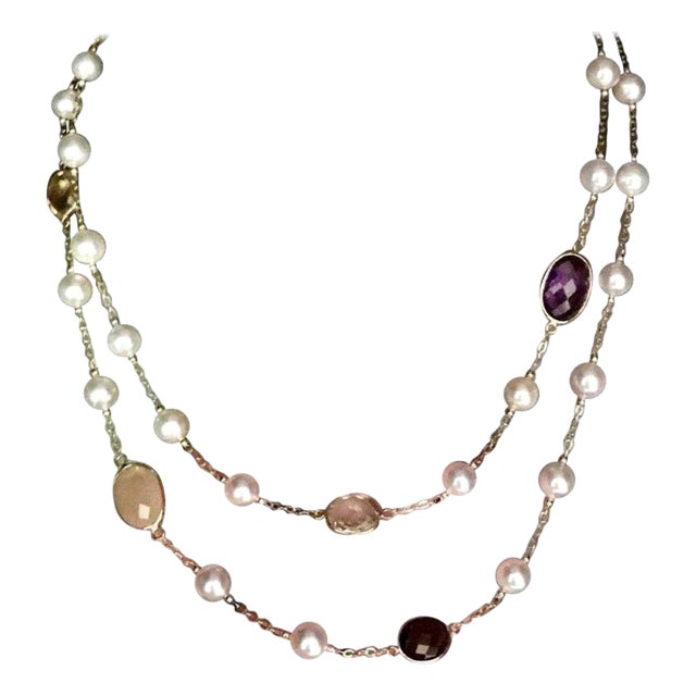 Pearl Quartz Topaz Necklace 14 Karat Gold Italy Certified For Sale