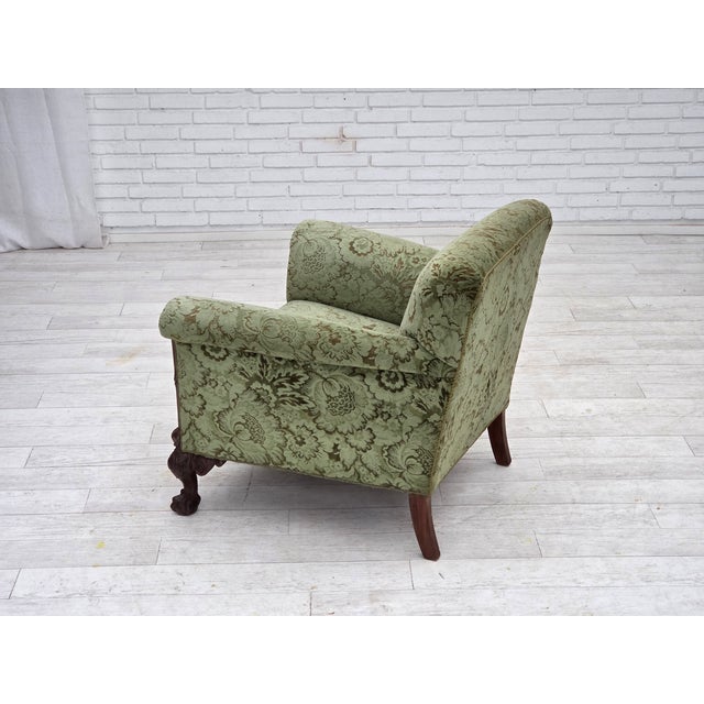 Green Danish Armchair in Green Velour and Carved Oak, 1950s For Sale - Image 8 of 18