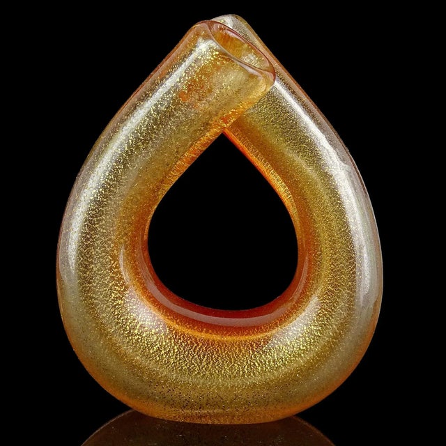 Seguso Seguso Murano Vintage Red Orange Gold Flecks Italian Art Glass Double Mouth Tube Flower Vase For Sale - Image 4 of 13