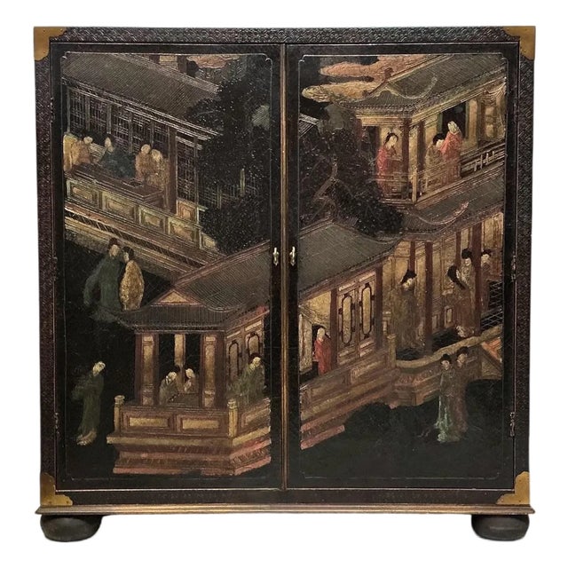 Chinoiserie Black Lacquer Bar Cabinet W/ Palace Pavilion Ascending Dragon For Sale