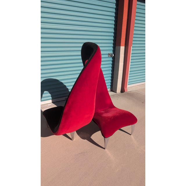 Metal Postmodern Tete-a-Tete Flamenco Looping Chair in Red Velvet, C1990s For Sale - Image 7 of 10
